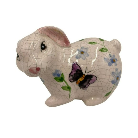 Vtg Ceramic Bunny Rabbit Figurine Crazing Crackle Hand painted Florals Butterfly - Picture 1 of 6
